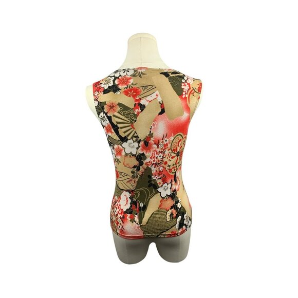 Lipstick Japanese Floral Print Sleeveless Stretch Tank Top S - Picture 4 of 5